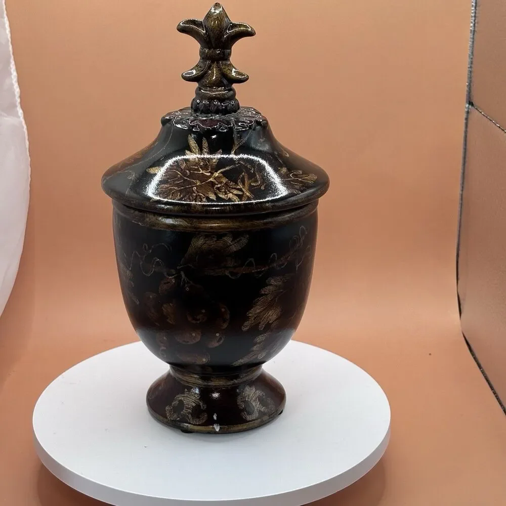 Decorative Black Lidded Urn Canister Gold Acorn Oak Leaf Harvest Decor 12